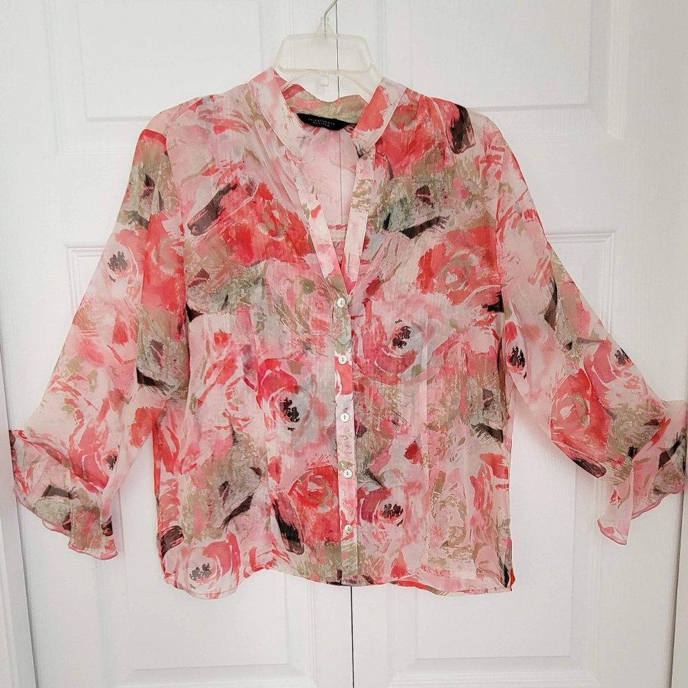 INVESTMENTS 2 Piece Colorful Sheer Button Down Blouse with Matching Tank, Sz PL
